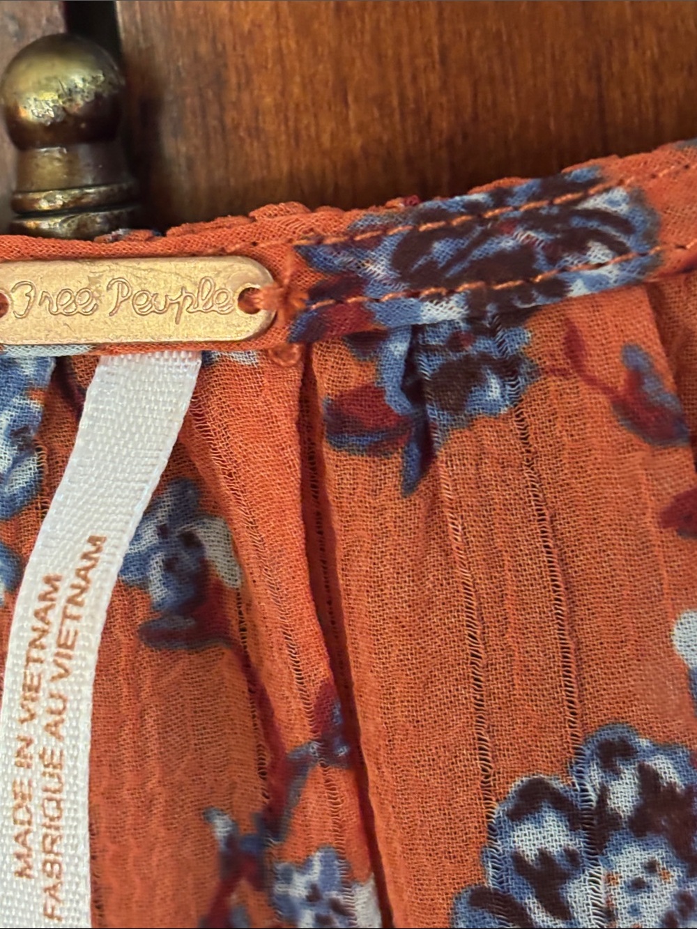 Free People Boho Ruched Front Smocked Back Long Sleeve Blouse, Rust Floral - Picture 8 of 11